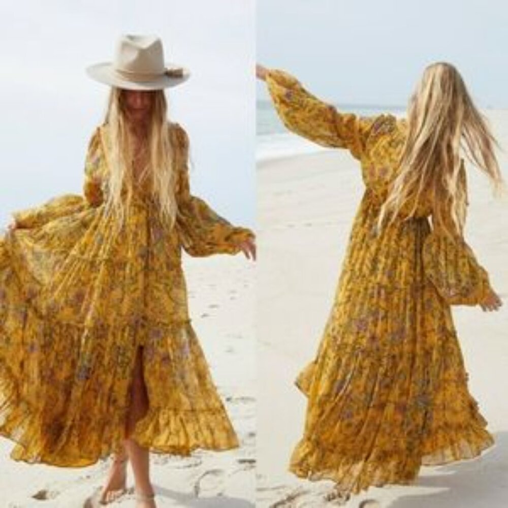 Free People Yellow Floral Long Sleeve Maxi Dress